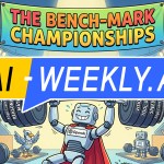 AI-Weekly for Tuesday, December 16, 2025 - Issue 195. This cover of the AI-Weekly newsletter shows a colorful cartoon scene depicting a weightlifting competition called 'The Bench-Mark Championships,' where cheerful robots representing different AI companies compete before a cheering crowd. In the center, a smiling robot labeled 'OpenAI' and 'GPT-5.2' lifts an enormous barbell marked with words like 'Reasoning,' 'Math,' 'Coding,' 'Vision,' 'Tool Use,' and 'Speed.' To the left, a round robot labeled 'Google' lifts smaller weights, while to the right, a sleek robot labeled 'Anthropic' prepares to lift. Behind them, a smaller robot marked 'Pi' and a bird labeled 'X.AI' are also present. The crowd celebrates as ranking screens and charts display GPT-5.2 in the lead.