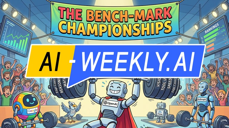 AI-Weekly for Tuesday, December 16, 2025 - Issue 195. This cover of the AI-Weekly newsletter shows a colorful cartoon scene depicting a weightlifting competition called 'The Bench-Mark Championships,' where cheerful robots representing different AI companies compete before a cheering crowd. In the center, a smiling robot labeled 'OpenAI' and 'GPT-5.2' lifts an enormous barbell marked with words like 'Reasoning,' 'Math,' 'Coding,' 'Vision,' 'Tool Use,' and 'Speed.' To the left, a round robot labeled 'Google' lifts smaller weights, while to the right, a sleek robot labeled 'Anthropic' prepares to lift. Behind them, a smaller robot marked 'Pi' and a bird labeled 'X.AI' are also present. The crowd celebrates as ranking screens and charts display GPT-5.2 in the lead.