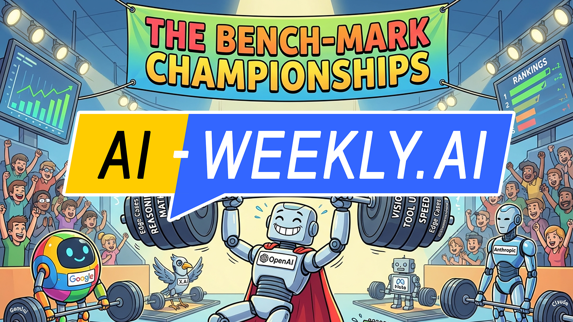 AI-Weekly for Tuesday, December 16, 2025 - Issue 195. This cover of the AI-Weekly newsletter shows a colorful cartoon scene depicting a weightlifting competition called 'The Bench-Mark Championships,' where cheerful robots representing different AI companies compete before a cheering crowd. In the center, a smiling robot labeled 'OpenAI' and 'GPT-5.2' lifts an enormous barbell marked with words like 'Reasoning,' 'Math,' 'Coding,' 'Vision,' 'Tool Use,' and 'Speed.' To the left, a round robot labeled 'Google' lifts smaller weights, while to the right, a sleek robot labeled 'Anthropic' prepares to lift. Behind them, a smaller robot marked 'Pi' and a bird labeled 'X.AI' are also present. The crowd celebrates as ranking screens and charts display GPT-5.2 in the lead.