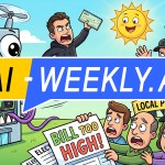 AI-Weekly for Tuesday, December 23, 2025 - Issue 196. This cover of the AI-Weekly newsletter depicts a colorful cartoon shwoing a large, smiling robot labeled 'AI' consuming power through thick purple cables while a man rides a flying scroll labeled 'Energy Deal' holding a check. Below him, worried people hold signs reading 'Bill Too High' as they protest rising electricity costs. On the right, a group of stern referees labeled 'Local Power Pushback' hold a large 'Approved' stamp while blocking the deal. The bright sun in the background smiles cheerfully, contrasting with the tense and chaotic scene below.