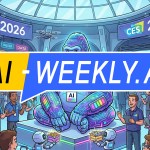 AI-Weekly for Tuesday, January 6, 2026 - Issue 198. This cover of the AI-Weekly newsletter depicts a colorful futuristic illustration of the CES 2026 technology expo showing a large glowing robotic gorilla with neon circuit-like patterns sitting at the center of a crowded convention hall. The gorilla wears a badge labeled 'AI' while small robots offer it boxes labeled 'DATA'. Around it, enthusiastic attendees wearing badges and VR headsets interact, take photos, and applaud. Booths with tech logos, autonomous cars, drones, and humanoid robots fill the background under banners reading 'CES 2026', as a presenter speaks on a stage beneath a domed glass ceiling.