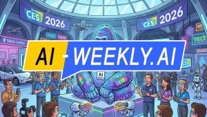 AI-Weekly for Tuesday, January 6, 2026 - Issue 198. This cover of the AI-Weekly newsletter depicts a colorful futuristic illustration of the CES 2026 technology expo showing a large glowing robotic gorilla with neon circuit-like patterns sitting at the center of a crowded convention hall. The gorilla wears a badge labeled 'AI' while small robots offer it boxes labeled 'DATA'. Around it, enthusiastic attendees wearing badges and VR headsets interact, take photos, and applaud. Booths with tech logos, autonomous cars, drones, and humanoid robots fill the background under banners reading 'CES 2026', as a presenter speaks on a stage beneath a domed glass ceiling.