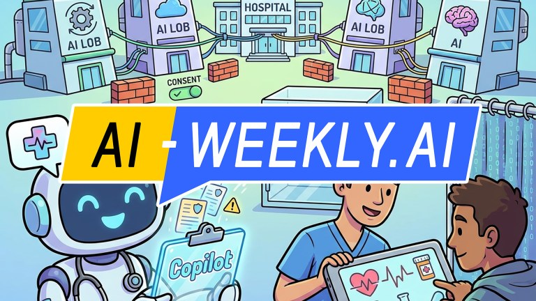 AI-Weekly for Tuesday, January 13, 2026 - Issue 199. This cover of the AI-Weekly newsletter depicts a colorful illustration showing a friendly robot with a stethoscope labeled Copilot assisting a doctor and patient as they review digital medical data on a tablet. Behind them, a secure medical records vault emits papers with warning symbols, and a hospital connects via data cables to multiple AI laboratories protected by firewalls. The scene emphasizes healthcare data privacy, consent, and AI collaboration, with bright colors and a futuristic yet approachable style.