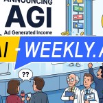 AI-Weekly for Tuesday, January 20, 2026 - Issue 200. This cover of the AI-Weekly newsletter depicts a humorous cartoon showing a man at a podium labeled OpenAI announcing AGI as 'Ad Generated Income', clarifying that it is not 'Artificial General Intelligence'. Beside him, a cheerful robot tosses money, coins, and digital ads while screens display advertisements. The audience reacts with confusion and mixed emotions, with some reporters holding microphones and question marks above their heads, while others celebrate with foam hands marked with dollar signs. A chart in the background humorously shows a large yellow circle labeled Ads dominating a small section labeled Ethics, highlighting the satirical focus on profit over principles.