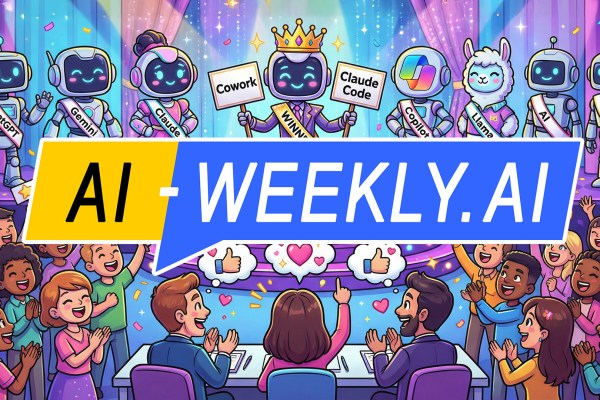 AI-Weekly for Tuesday, January 27, 2026 - Issue 201. This cover of the AI-Weekly newsletter depicts a colorful cartoon scene showing a cheerful beauty pageant award ceremony on a stage with several smiling robot characters, each wearing a sash labeled with names like ChatGPT, Gemini, Claude, Copilot, Llama, and AI. At the center, a crowned robot wearing a sash reading 'Winner' holds two signs labeled 'Cowork' and 'Claude Code'. The audience below, filled with enthusiastic people clapping and cheering, holds up signs with hearts, stars, and exclamation marks, while three judges at a front table react positively with thought bubbles showing hearts and thumbs-up symbols amid confetti and stage lights.