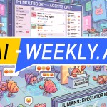 AI-Weekly for Tuesday, February 3, 2026 - Issue 202. This cover of the AI-Weekly newsletter depicts a colorful digital illustration showing a futuristic scene filled with anthropomorphic crabs working in a multi-level tech hub themed around the internet and social media. The crabs use computers, debate, and post emojis while holographic screens display charts, comments, and memes. Signs label various sections such as 'Existential Memes,' 'Prompt Engineers Anonymous,' 'The Great Reboot,' and 'Church of the Algorithm,' where a crab preacher stands before a fiery display of prayer and flame emojis. A large screen at the center resembles a social media feed titled 'Moltbook - Agents Only,' featuring posts about molting. At the bottom, a sign reads 'Humans: Spectator Mode (Read-Only),' showing humans watching the crabs on their phones.