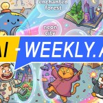 AI-Weekly for Tuesday, February 10, 2026 - Issue 203. This cover of the AI-Weekly newsletter depicts a colorful cartoon scene showing a cheerful robot typing on a rainbow keyboard while a large, rainbow-colored G machine projects glowing portals labeled enchanted forest, neon city, and space beach. In front of the machine, a smiling astronaut on a skateboard, a wizard cat waving a wand, and a penguin in a business suit holding a briefcase joyfully step through vibrant, swirling portals. The background features scattered papers, wires, and drawings, creating a lively, imaginative workshop atmosphere.