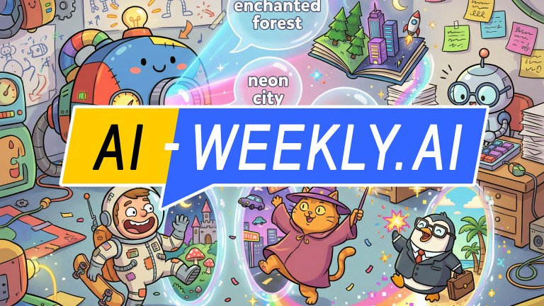 AI-Weekly for Tuesday, February 10, 2026 - Issue 203. This cover of the AI-Weekly newsletter depicts a colorful cartoon scene showing a cheerful robot typing on a rainbow keyboard while a large, rainbow-colored G machine projects glowing portals labeled enchanted forest, neon city, and space beach. In front of the machine, a smiling astronaut on a skateboard, a wizard cat waving a wand, and a penguin in a business suit holding a briefcase joyfully step through vibrant, swirling portals. The background features scattered papers, wires, and drawings, creating a lively, imaginative workshop atmosphere.