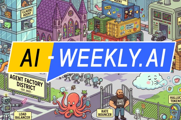 AI-Weekly for Tuesday, February 17, 2026 - Issue 204. This cover of the AI-Weekly newsletter depicts a colorful, busy cartoon map of an 'Agent Factory District' showing a techy fantasy town where little robots and green goblins build AI agents: a glass office tower labeled 'Claude Agent' full of chatty bots, a purple church-like building with stained-glass windows labeled 'Local LLM' and 'RAG Goblin,' stacked shipping containers marked 'Linux' and 'Prompt Wizard,' and a huge machine labeled 'Tool Runner' connected by rainbow cables to a small shed called 'Tiny Raspberry-Pi.' In the streets, robots carry tools and screens, an octopus multitasks with gadgets, a stern bouncer in a 'Rate Limit' shirt guards a gate, a 'Load Balancer' robot directs traffic, and a smiling cloud blows bubbles toward a quirky 'Hallucination Tokens Meter.'