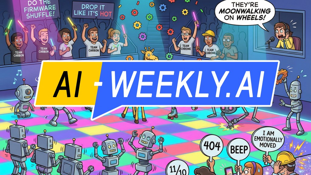 AI-Weekly for Tuesday, February 24, 2026 - Issue 205. This cover of the AI-Weekly newsletter depicts a colorful cartoon scene showing robots and quirky objects dancing on a glowing, multicolored disco floor, including a giraffe at center, a smiling toaster popping up toast, a boxy robot on roller skates, a spider-like robot, and several small robots waving their arms, while one robot has a disco ball for a head and music notes float nearby; in the background, a cheering crowd holds glow sticks and signs reading 'Do the firmware shuffle!' and 'Drop it like it's hot,' split between 'Team Carbon' and 'Team Chrome,' as a commentator in a booth exclaims 'They're moonwalking on wheels!' and audience members in front hold score signs saying '404,' 'Beep,' '11/10,' and 'I am emotionally moved,' creating a lively, humorous tech-themed dance battle atmosphere.