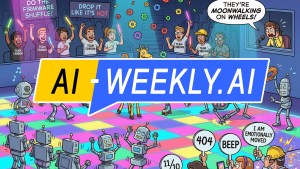 AI-Weekly for Tuesday, February 24, 2026 - Issue 205. This cover of the AI-Weekly newsletter depicts a colorful cartoon scene showing robots and quirky objects dancing on a glowing, multicolored disco floor, including a giraffe at center, a smiling toaster popping up toast, a boxy robot on roller skates, a spider-like robot, and several small robots waving their arms, while one robot has a disco ball for a head and music notes float nearby; in the background, a cheering crowd holds glow sticks and signs reading 'Do the firmware shuffle!' and 'Drop it like it's hot,' split between 'Team Carbon' and 'Team Chrome,' as a commentator in a booth exclaims 'They're moonwalking on wheels!' and audience members in front hold score signs saying '404,' 'Beep,' '11/10,' and 'I am emotionally moved,' creating a lively, humorous tech-themed dance battle atmosphere.