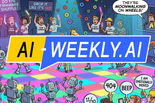 AI-Weekly for Tuesday, February 24, 2026 - Issue 205. This cover of the AI-Weekly newsletter depicts a colorful cartoon scene showing robots and quirky objects dancing on a glowing, multicolored disco floor, including a giraffe at center, a smiling toaster popping up toast, a boxy robot on roller skates, a spider-like robot, and several small robots waving their arms, while one robot has a disco ball for a head and music notes float nearby; in the background, a cheering crowd holds glow sticks and signs reading 'Do the firmware shuffle!' and 'Drop it like it's hot,' split between 'Team Carbon' and 'Team Chrome,' as a commentator in a booth exclaims 'They're moonwalking on wheels!' and audience members in front hold score signs saying '404,' 'Beep,' '11/10,' and 'I am emotionally moved,' creating a lively, humorous tech-themed dance battle atmosphere.