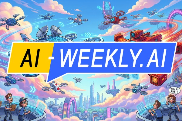 AI-Weekly for Tuesday, March 10, 2026 - Issue 207. This cover of the AI-Weekly newsletter depicts a colorful futuristic cartoon scene of a drone race in the sky above a high tech city, featuring two large AI powered drones with expressive digital faces: a blue drone labeled AI-1 with American flags and glowing circuitry flying from the left with data streams and interface panels suggesting strategy and optimization, and a red drone labeled AI-2 with Chinese flags flying from the right with bright motion trails and panels suggesting evolution and engagement, while many smaller drones fly around them; below, human officials and technicians at control stations look concerned and confused as holographic screens glow, with speech bubbles expressing worries about rapid progress and regulation issues, and a crowd in the distance watches the high speed technological competition unfolding in a vibrant sky filled with clouds and neon futuristic structures.