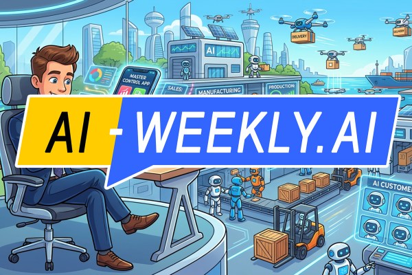 AI-Weekly for Tuesday, March 17, 2026 - Issue 208. This cover of the AI-Weekly newsletter depicts an illustration of a smiling businessman sitting in a modern office chair holding a large tablet labeled Master Control App, using it to manage a futuristic AI-powered supply chain system; holographic dashboards show metrics for sales, logistics, and technology while a smart factory operates behind him with robotic arms assembling boxes on a production line, small robots and forklifts moving packages in a logistics area, drones flying overhead carrying delivery boxes, a port with a cargo ship in the background, and buildings labeled AI, R&D, Supply Chain, and AI Customer Service, all set in a bright high-tech cityscape with solar panels, digital charts, and automated systems indicating a fully autonomous, AI-driven manufacturing and distribution network.