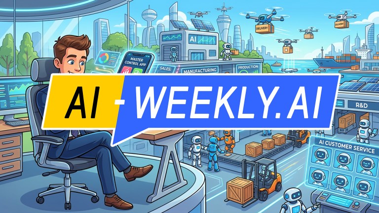 AI-Weekly for Tuesday, March 17, 2026 - Issue 208. This cover of the AI-Weekly newsletter depicts an illustration of a smiling businessman sitting in a modern office chair holding a large tablet labeled Master Control App, using it to manage a futuristic AI-powered supply chain system; holographic dashboards show metrics for sales, logistics, and technology while a smart factory operates behind him with robotic arms assembling boxes on a production line, small robots and forklifts moving packages in a logistics area, drones flying overhead carrying delivery boxes, a port with a cargo ship in the background, and buildings labeled AI, R&D, Supply Chain, and AI Customer Service, all set in a bright high-tech cityscape with solar panels, digital charts, and automated systems indicating a fully autonomous, AI-driven manufacturing and distribution network.