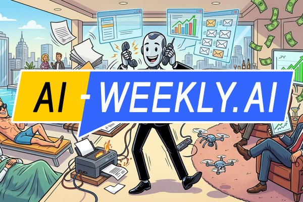 AI-Weekly for Tuesday, March 24, 2026 - Issue 209. This cover of the AI-Weekly newsletter depicts a cartoon illustration of a multitasking robot in a tuxedo standing in a luxurious penthouse, juggling phones, paperwork, and a coffee tray while smiling, surrounded by floating screens showing emails and rising graphs, with money flying through the air; around it, relaxed people lounge by a pool and in armchairs, one holding a tablet with a growth chart, while drones hover nearby and a printer sparks on the floor, all set against large windows revealing a city skyline, conveying automation, wealth, and effortless productivity.