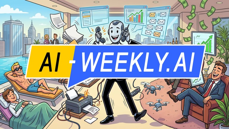 AI-Weekly for Tuesday, March 24, 2026 - Issue 209. This cover of the AI-Weekly newsletter depicts a cartoon illustration of a multitasking robot in a tuxedo standing in a luxurious penthouse, juggling phones, paperwork, and a coffee tray while smiling, surrounded by floating screens showing emails and rising graphs, with money flying through the air; around it, relaxed people lounge by a pool and in armchairs, one holding a tablet with a growth chart, while drones hover nearby and a printer sparks on the floor, all set against large windows revealing a city skyline, conveying automation, wealth, and effortless productivity.