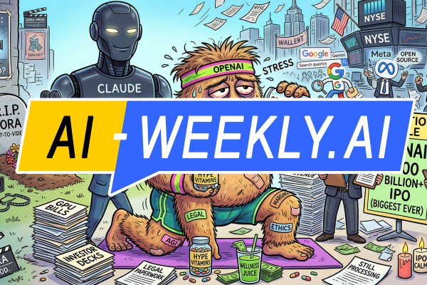 AI-Weekly for Tuesday, April 7, 2026 - Issue 211. This cover of the AI-Weekly newsletter depicts a chaotic cartoon scene showing a sweaty, exhausted furry creature labeled OpenAI running stretching on a yoga mat while gulping from a can labeled compute and clutching a bottle of hype vitamins, its body covered with stickers like AGI, safety, ethics, margins, and legal; around it, anxious businesspeople hold clipboards and valuation sheets next to a large sign reading OpenAI $100 billion+ IPO biggest ever, while stacks of papers labeled revenue, GPU bills, investor decks, and legal paperwork pile up; in the background, a cityscape filled with NYSE signs and logos for Google, Meta, and AGI buzzes with activity, as a towering robot labeled Claude looms calmly nearby, and to the left a graveyard scene humorously marks R.I.P. Sora text-to-video with film equipment scattered, conveying a satirical take on AI competition, hype, and pressure.
