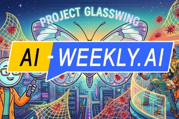 AI-Weekly for Tuesday, April 14, 2026 - Issue 212. This cover of the AI-Weekly newsletter depicts a cartoon-style illustration depicting a software debugging theme. A large butterfly with iridescent purple and blue wings dominates the center, with a shield on its body. Text reads: 'Mythos' on the shield and 'Project Glasswing' in glowing pink letters arched above. Red cartoon bugs crawl across the butterfly's wings and float through the air. On the left, a smiling cartoon robot wearing glasses and an orange lab coat holds a magnifying glass over one of the red bugs. Text reads: 'Claude' on the robot's coat and 'AI' on its chest. Golden nets sweep through the scene catching bugs. On the right, four cartoon workers in hardhats and safety gear hold wrenches, tablets, and gears, celebrating. Behind them, monitors display lines of green code. The background shows a futuristic cityscape in teals and purples with binary code streams, server towers, and a gradient sky shifting from deep blue to orange at the horizon.