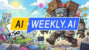 AI-Weekly for Tuesday, April 21, 2026 - Issue 213. This cover of the AI-Weekly newsletter depicts a cartoon scene depicting a determined anthropomorphic .MD document character standing on a grassy hill of stacked papers, pulling a slingshot aimed at a looming, rusty robot made of tangled wires and labeled components like vector DB, legacy schema, fragile, and patched, with warning lights and sticky notes such as migrate? and TODO refactor; in the background small robots hold signs reading go .md and down with bloat under a bright sun, while code snippets and files scatter in the air, conveying a battle between simple markdown files and a complex, outdated, bloated system.