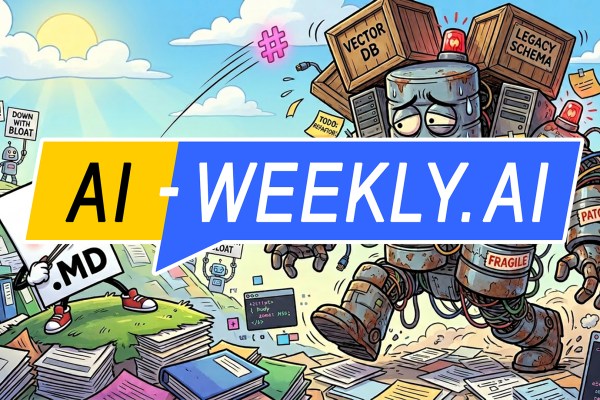 AI-Weekly for Tuesday, April 21, 2026 - Issue 213. This cover of the AI-Weekly newsletter depicts a cartoon scene depicting a determined anthropomorphic .MD document character standing on a grassy hill of stacked papers, pulling a slingshot aimed at a looming, rusty robot made of tangled wires and labeled components like vector DB, legacy schema, fragile, and patched, with warning lights and sticky notes such as migrate? and TODO refactor; in the background small robots hold signs reading go .md and down with bloat under a bright sun, while code snippets and files scatter in the air, conveying a battle between simple markdown files and a complex, outdated, bloated system.