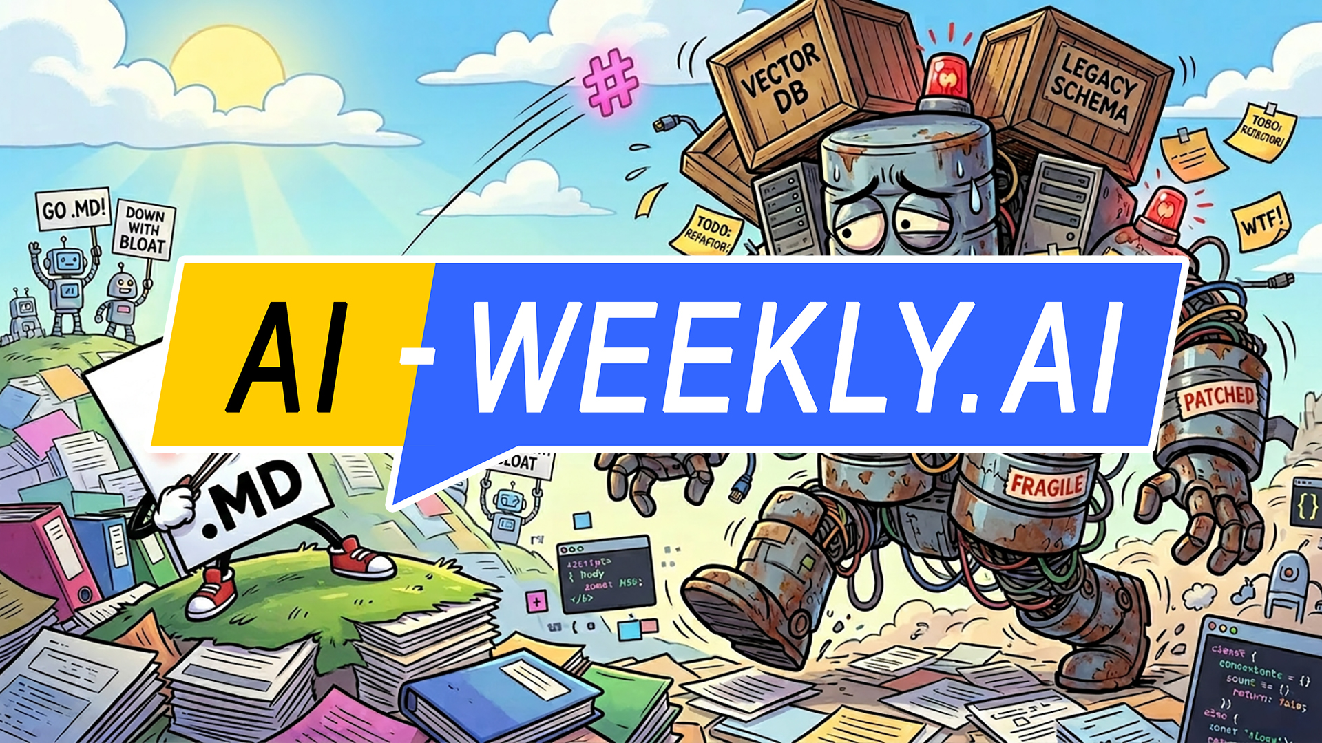 AI-Weekly for Tuesday, April 21, 2026 - Issue 213. This cover of the AI-Weekly newsletter depicts a cartoon scene depicting a determined anthropomorphic .MD document character standing on a grassy hill of stacked papers, pulling a slingshot aimed at a looming, rusty robot made of tangled wires and labeled components like vector DB, legacy schema, fragile, and patched, with warning lights and sticky notes such as migrate? and TODO refactor; in the background small robots hold signs reading go .md and down with bloat under a bright sun, while code snippets and files scatter in the air, conveying a battle between simple markdown files and a complex, outdated, bloated system.