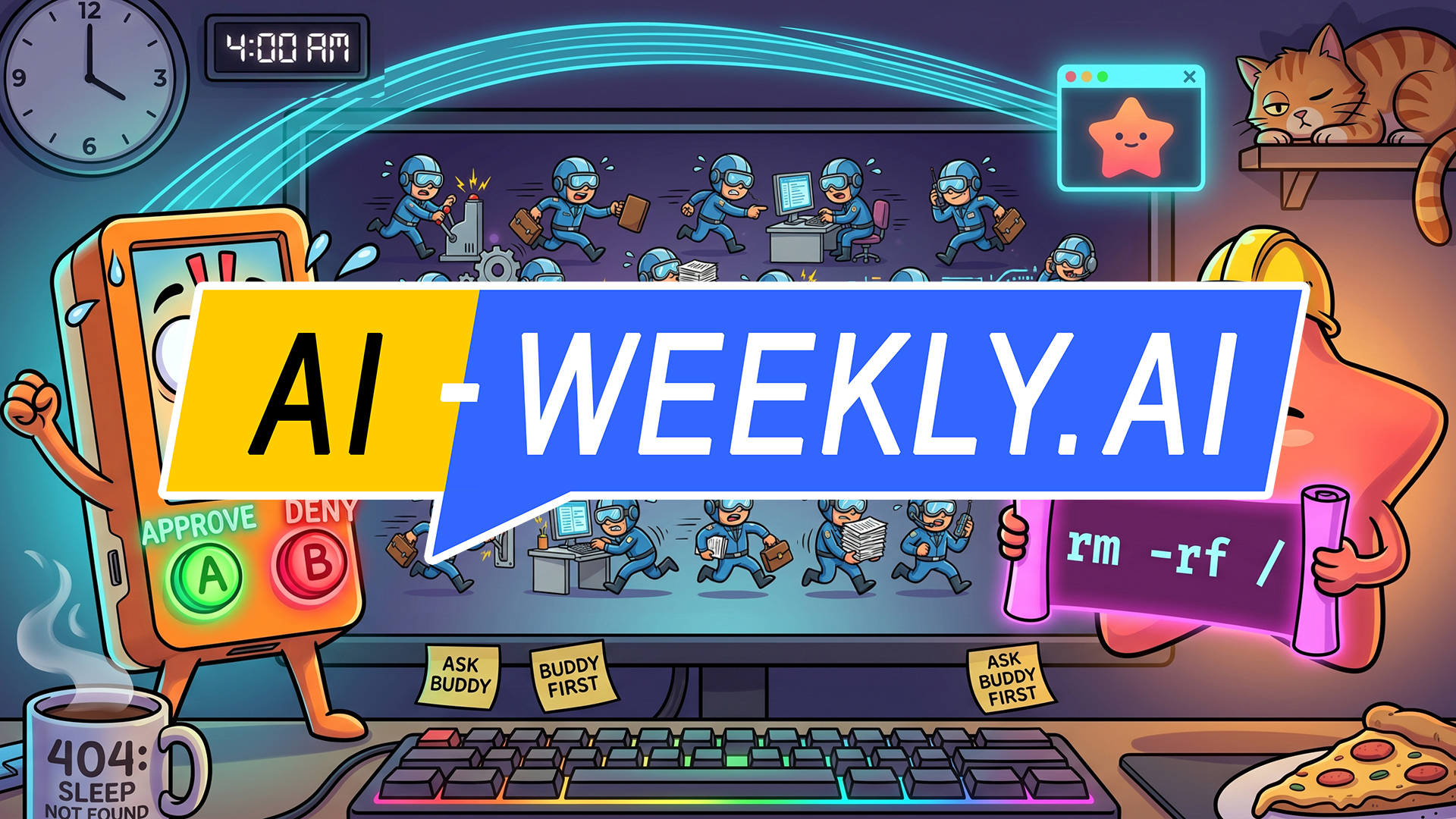 AI-Weekly for Tuesday, April 28, 2026 - Issue 214. This cover of the AI-Weekly newsletter depicts a cartoon. Left: An orange handheld Claude Hardware Buddy device with stubby arms; on its screen, a face with wide eyes, sweat drops, and exclamation marks. Two buttons: green 'A' marked 'APPROVE,' red 'B' marked 'DENY.' Right: a coral star-shaped character in a hard-hat, eyes squinted in a smile, holding a glowing scroll. Text reads: 'rm -rf /.' Center: a monitor swarms with tiny blue-uniformed workers carrying briefcases, papers, and sparking gear. A Bluetooth arc links the device to a small window above. Below: rainbow keyboard, mug reading '404: SLEEP NOT FOUND,' notes reading 'ASK BUDDY FIRST,' pizza slice.