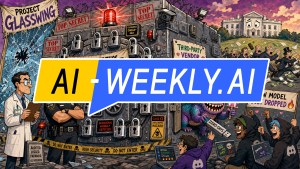 AI-Weekly for Tuesday, May 5, 2026 - Issue 215. This cover of the AI-Weekly newsletter depicts an illustrated satirical scene showing a heavily fortified metal vault covered in locks, warning signs, and surveillance gear labeled with phrases like 'Top Secret' and 'Too Dangerous to Release', guarded by a stern security officer and a scientist, while a sign above reads 'Project Glasswing'; on the right side, a door marked 'Third-Party Vendor Entrance: All Welcome!' stands open as a colorful cartoon monster with an exposed brain grins and hands out USB keys labeled 'Zero-Days' to excited hoodie-wearing hackers with laptops, one saying lol oops, while in the background near a stylized White House, suited officials scramble as money and papers fly, and a sign reading new model just dropped adds to the chaotic, critical tone about security and leaks.