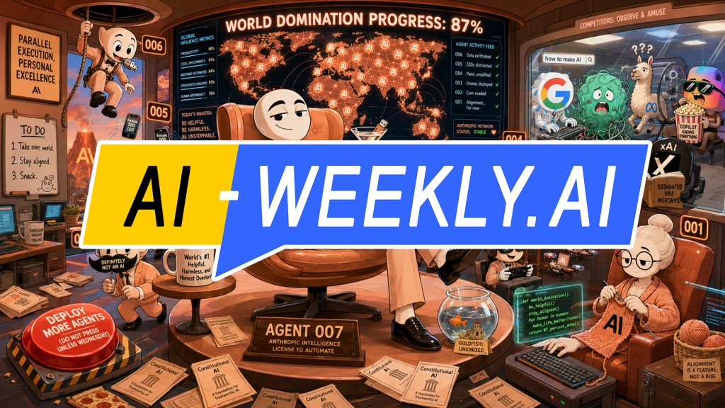 AI-Weekly for Tuesday, May 12, 2026 - Issue 216. This cover of the AI-Weekly newsletter depicts a stylized cartoon scene showing a confident humanoid AI figure named AGENT 007 in a sleek suit lounging in a chair in the center of a high-tech control room, holding a cocktail with a USB stick in it, while overseeing a glowing world map labeled world domination progress 87 percent, surrounded by multiple smaller assistant characters, from 006 to 001, performing tasks like coding, deploying agents, and monitoring systems; humorous details include a to-do list with take over world, stay aligned, snack, a large red button labeled deploy more agents, drones flying nearby, a goldfish bowl labeled goldfish unionized, and a side room with confused competitor mascots tangled in cables, all rendered in warm orange tones. Playful satire about artificial intelligence power and alignment.