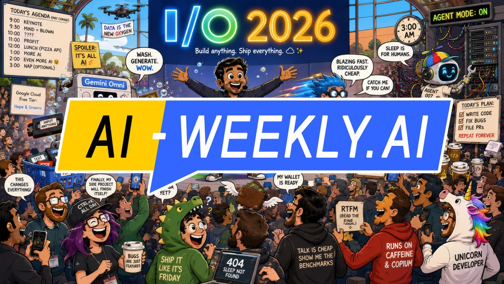 AI-Weekly for Tuesday, May 26, 2026 - Issue 218. This cover of the AI-Weekly newsletter depicts a cartoon of the Google I/O 2026 conference. A grinning presenter stands on stage, arms wide, before a cheering crowd. A glowing sign reads 'I/O 2026'. Labeled mascots surround him: a washing machine ('Gemini Omni'), a speedster ('Gemini 3.5 Flash'), a tired robot ('Gemini Spark 24/7'), a detective ('Agents'), a googly-eyed cart ('Universal Cart'), a play button ('Ask YouTube'), a news robot ('Daily Brief'), a chip with a cake ('TPU turns 10'), a floating cushion ('Antigravity 2.0'), a cinnamon bun ('Android 17'), and a glowing block stamping art ('SynthID'). Confetti rains down.