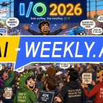 AI-Weekly for Tuesday, May 26, 2026 - Issue 218. This cover of the AI-Weekly newsletter depicts a cartoon of the Google I/O 2026 conference. A grinning presenter stands on stage, arms wide, before a cheering crowd. A glowing sign reads 'I/O 2026'. Labeled mascots surround him: a washing machine ('Gemini Omni'), a speedster ('Gemini 3.5 Flash'), a tired robot ('Gemini Spark 24/7'), a detective ('Agents'), a googly-eyed cart ('Universal Cart'), a play button ('Ask YouTube'), a news robot ('Daily Brief'), a chip with a cake ('TPU turns 10'), a floating cushion ('Antigravity 2.0'), a cinnamon bun ('Android 17'), and a glowing block stamping art ('SynthID'). Confetti rains down.