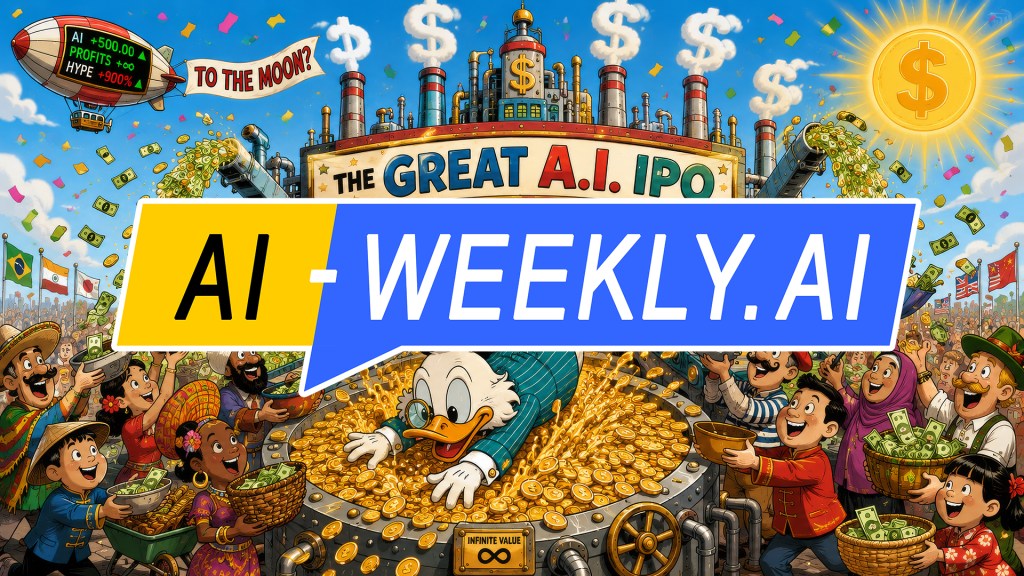 AI-Weekly for Tuesday, June 9, 2026 - Issue 220. This cover of the AI-Weekly newsletter depicts a colorful retro cartoon of a giant factory with a banner reading 'THE GREAT A.I. IPO.' Its smokestacks puff dollar-sign clouds while chutes spray fountains of cash and gold coins into the air. In front, a jolly tycoon duck in a teal pinstripe suit and top hat dives into a pool of gold coins. A cheerful global crowd catches the falling money in hats and wheelbarrows as necktie-wearing robots hand out bills. Overhead, a blimp trails a banner reading 'TO THE MOON?'