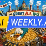 AI-Weekly for Tuesday, June 9, 2026 - Issue 220. This cover of the AI-Weekly newsletter depicts a colorful retro cartoon of a giant factory with a banner reading 'THE GREAT A.I. IPO.' Its smokestacks puff dollar-sign clouds while chutes spray fountains of cash and gold coins into the air. In front, a jolly tycoon duck in a teal pinstripe suit and top hat dives into a pool of gold coins. A cheerful global crowd catches the falling money in hats and wheelbarrows as necktie-wearing robots hand out bills. Overhead, a blimp trails a banner reading 'TO THE MOON?'