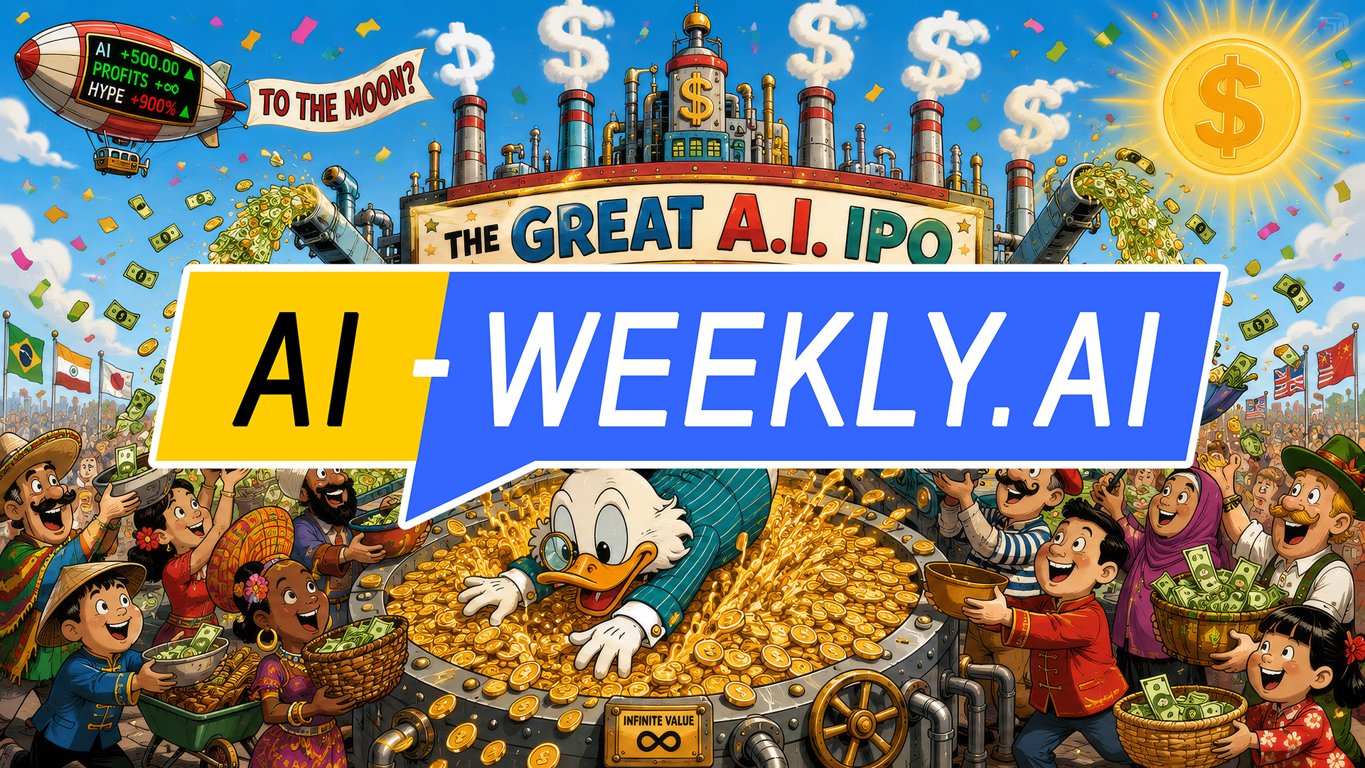 AI-Weekly for Tuesday, June 9, 2026 - Issue 220. This cover of the AI-Weekly newsletter depicts a colorful retro cartoon of a giant factory with a banner reading 'THE GREAT A.I. IPO.' Its smokestacks puff dollar-sign clouds while chutes spray fountains of cash and gold coins into the air. In front, a jolly tycoon duck in a teal pinstripe suit and top hat dives into a pool of gold coins. A cheerful global crowd catches the falling money in hats and wheelbarrows as necktie-wearing robots hand out bills. Overhead, a blimp trails a banner reading 'TO THE MOON?'