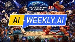 AI-Weekly for Tuesday, June 16, 2026 - Issue 221. This cover of the AI-Weekly newsletter depicts a dramatic cartoon arena showing a nervous robot labeled 'ALIGNMENT' holding a 'SAFETY' shield and raising a chair labeled 'EXPORT BAN' against a muscular Uncle Sam-like fighter in patriotic shorts labeled 'NAT'L SECURITY' who brandishes a giant gavel stamped 'BANNED'; a referee labeled 'FREE MARKET' flails between them as a banner reads 'SAFETY vs. SPEED,' a giant screen says 'THE WHOLE WORLD IS WATCHING,' and a cheering crowd records the clash around a ring floor mixing circuitry with a parchment constitution.