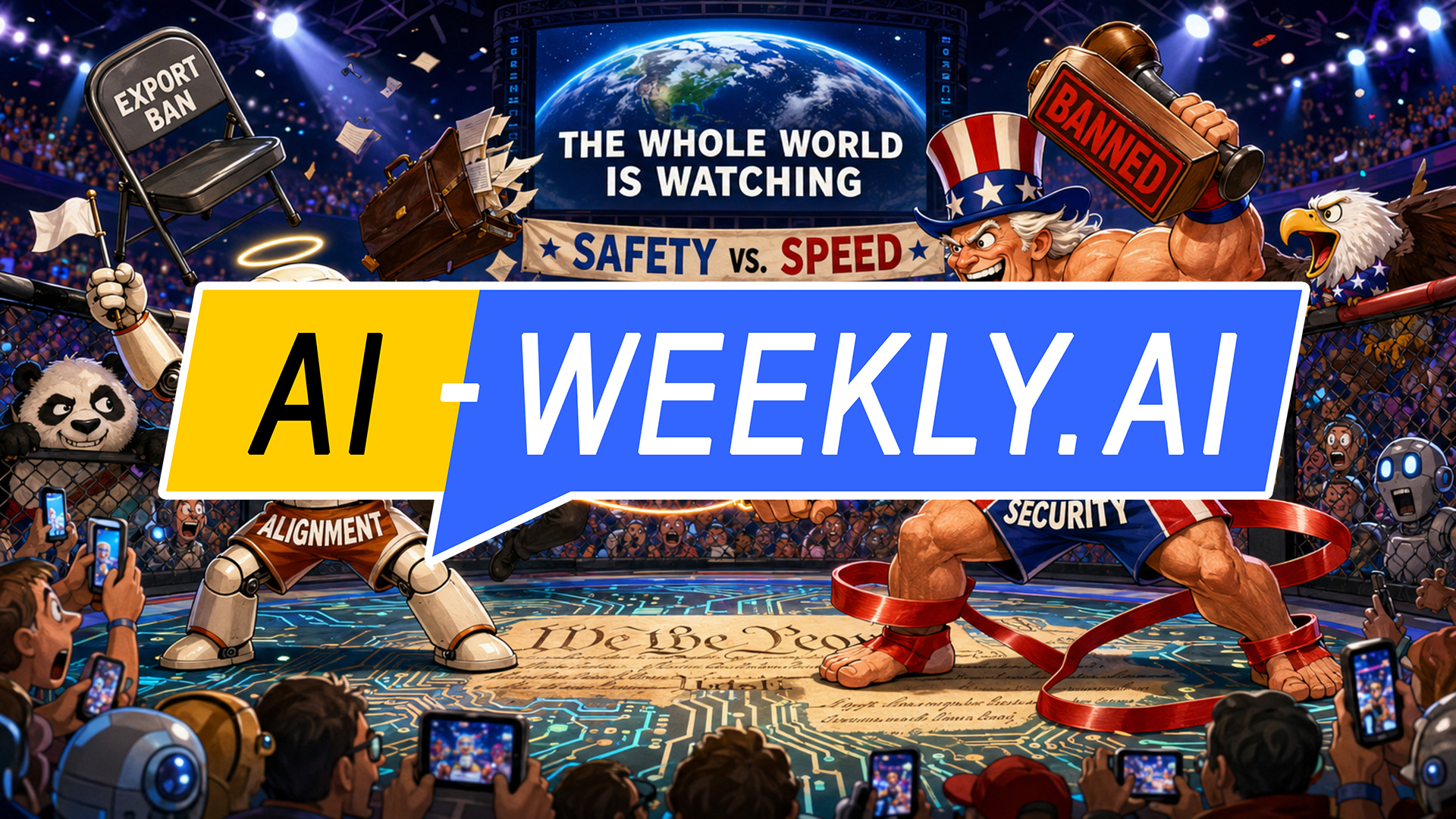 AI-Weekly for Tuesday, June 16, 2026 - Issue 221. This cover of the AI-Weekly newsletter depicts a dramatic cartoon arena showing a nervous robot labeled 'ALIGNMENT' holding a 'SAFETY' shield and raising a chair labeled 'EXPORT BAN' against a muscular Uncle Sam-like fighter in patriotic shorts labeled 'NAT'L SECURITY' who brandishes a giant gavel stamped 'BANNED'; a referee labeled 'FREE MARKET' flails between them as a banner reads 'SAFETY vs. SPEED,' a giant screen says 'THE WHOLE WORLD IS WATCHING,' and a cheering crowd records the clash around a ring floor mixing circuitry with a parchment constitution.
