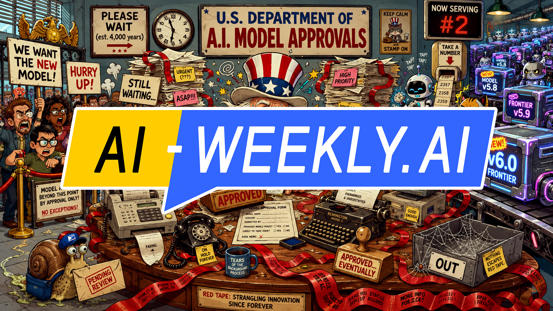 AI-Weekly for Tuesday, June 30, 2026 - Issue 223. This cover of the AI-Weekly newsletter depicts a cartoon scene of an overwhelmed U.S. Department of A.I. Model Approvals office, where a panicked Uncle Sam figure stamps a form 'Approved' amid towering piles of paperwork, red tape, old phones, a typewriter, and sarcastic warning labels, while frustrated crowds demand a new model on the left and sleek robot assistants and conveyor belts of glowing AI model boxes marked v5.8, v5.9, and v6.0 move through the right side, satirizing bureaucracy slowing innovation.