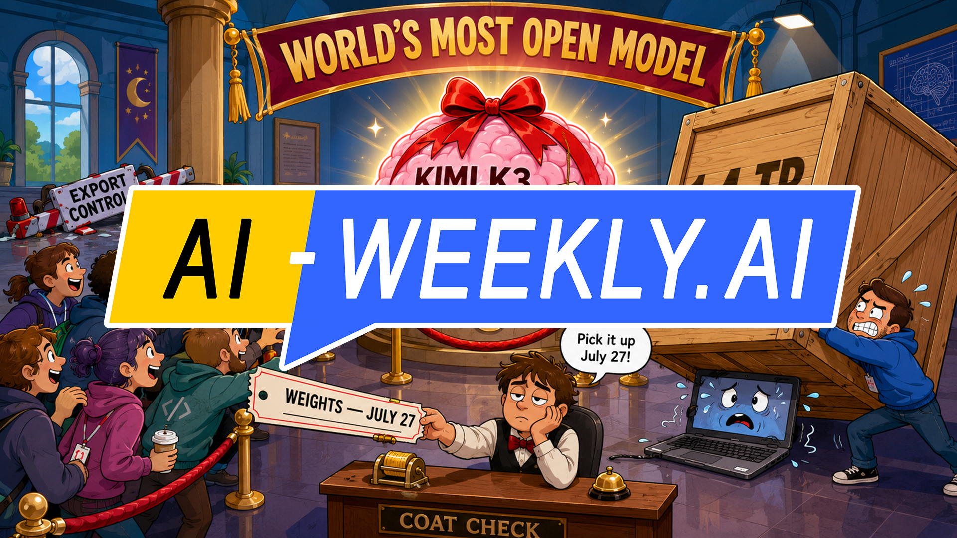 AI-Weekly for Tuesday, July 21, 2026 - Issue 226. This cover of the AI-Weekly newsletter depicts a colorful, flat-vector satirical cartoon poking fun at the launch of China's Moonshot AI model Kimi K3, billed as the world's most open AI model yet not actually usable at launch. At the center, a giant glowing friendly cartoon brain beams with light on a museum pedestal, wearing a big red gift bow and labeled Kimi K3, with a crescent-moon emblem etched on the pedestal and a dangling tag that reads Free; a sweeping banner arcs overhead reading World's Most Open Model, but the whole display is fenced off behind a plush red velvet rope on shiny gold stanchions. In front, a bored coat-check clerk behind a little counter hands an oversized numbered claim ticket to the crowd; the ticket reads Weights - July 27, and a speech bubble from the clerk says Pick it up July 27. On the right, a comically enormous shipping crate stamped 1.4 TB towers over a tiny laptop that buckles and sweats under its shadow while one cartoon developer strains hopelessly to stuff the giant crate into the little laptop. In the foreground on the left, a diverse and generically drawn group of eager software developers in hoodies and lanyards press against the velvet rope with arms outstretched, reaching for the free glowing brain but comically blocked, so the model is open yet untouchable. In the background on the left, a striped customs checkpoint barrier lies toppled flat on the ground with a sign reading Export Controls, clearly just stepped over, representing the trade restrictions the model sailed right past. The palette is saturated electric blue, magenta, gold, and teal, and the tone is festive, playful, and good-natured, aiming its humor at open-AI marketing hype and export-control irony rather than at any people.