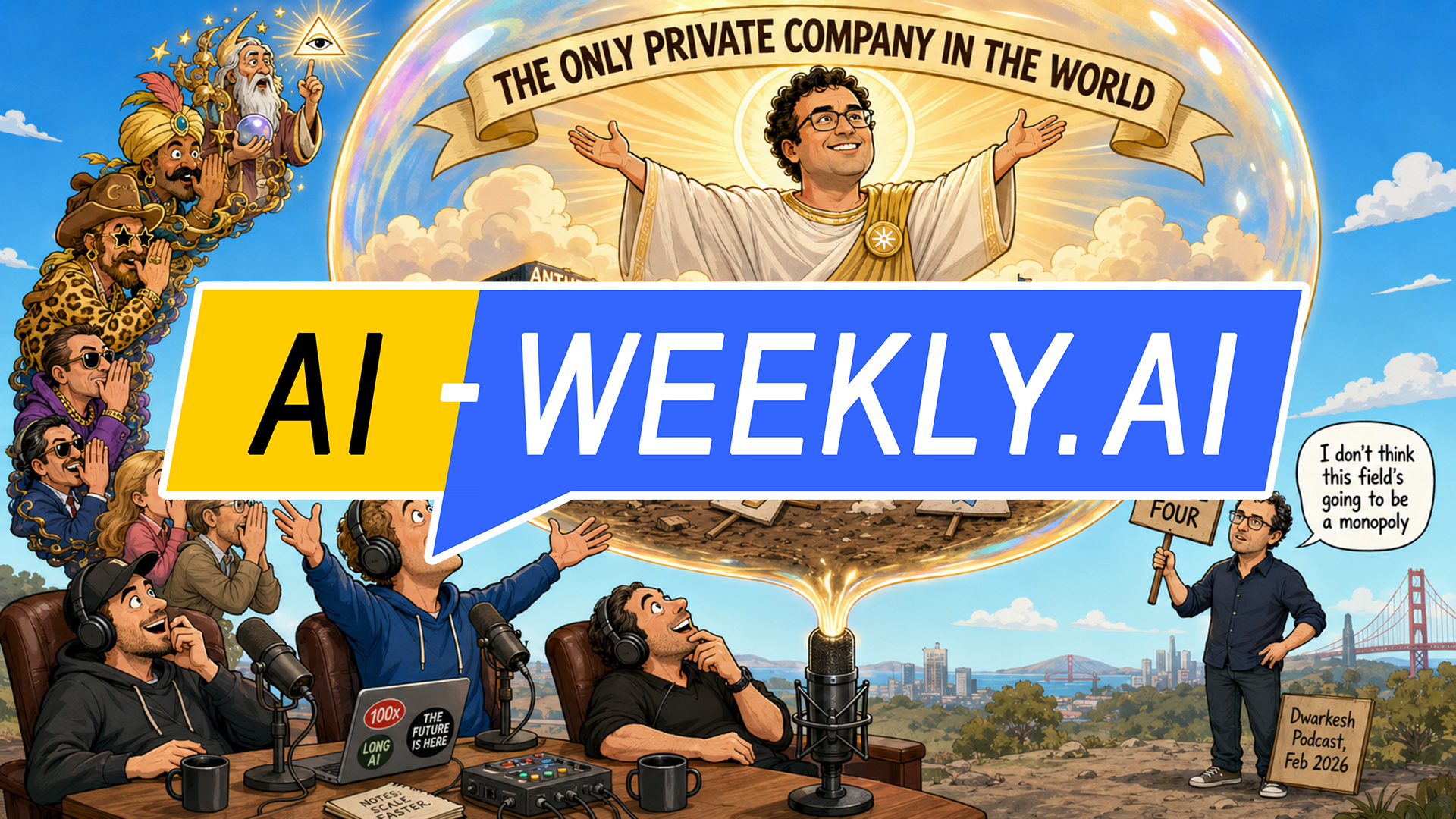 AI-Weekly for Tuesday, August 18, 2026 - Issue 230. This cover of the AI-Weekly newsletter depicts a cartoon. A giant iridescent bubble, banner reading The Only Private Company In The World, holds a haloed Dario Amodei in robes above a barren earth where only an Anthropic tower and a domed Government building still stand. It inflates from a podcast microphone below, a host saying, I heard it from people I trust. At right the real Amodei punctures it with a sign reading Three, Maybe Four.