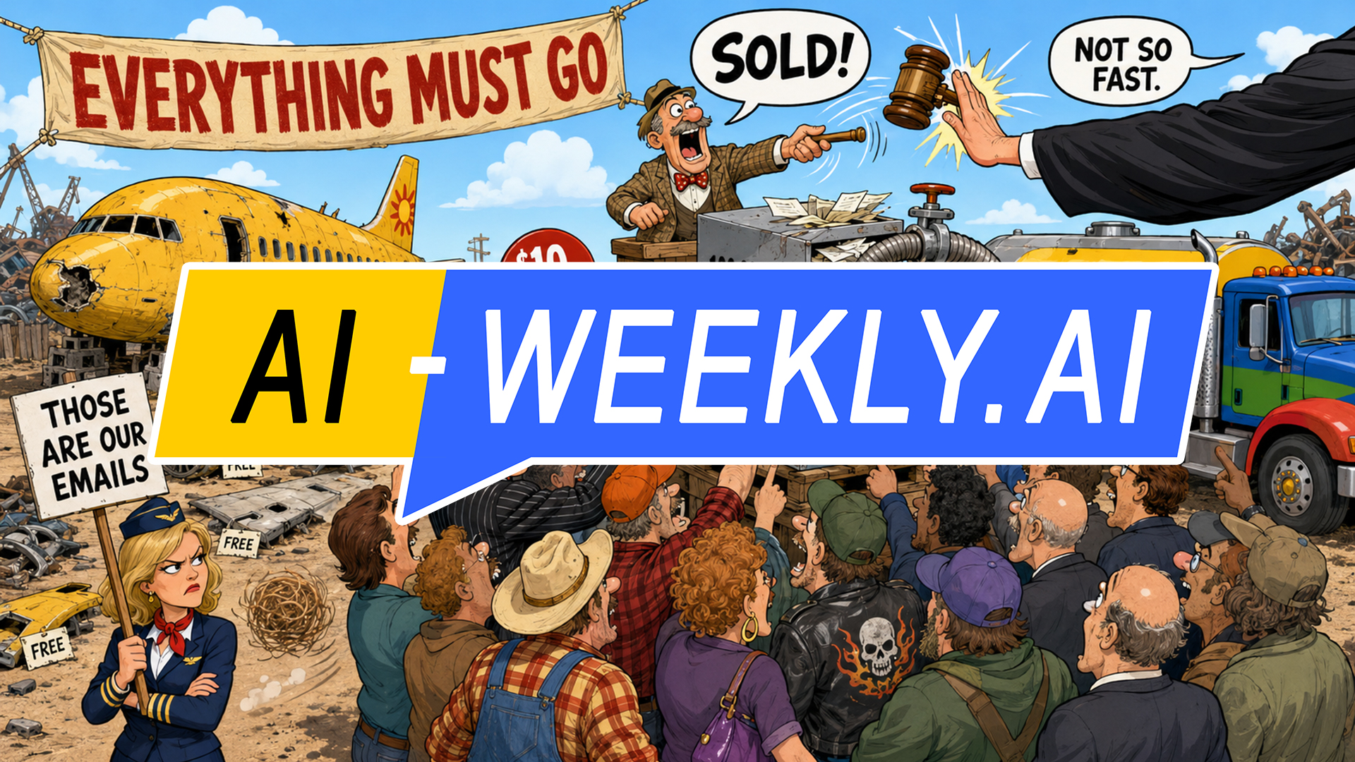 AI-Weekly for Tuesday, August 25, 2026 - Issue 231. This cover of the AI-Weekly newsletter depicts a cartoon. At a scrapyard auction under a banner reading Everything Must Go, a wrecked yellow airliner lies ignored, its stripped parts tagged Free. The crowd instead mobs a battered filing cabinet stencilled 100,000,000 Emails, hosed to a tanker truck marked Training Data. The auctioneer shouts Sold, but a black-robed arm catches his gavel mid-swing, saying Not So Fast, as a scowling flight attendant holds a sign reading Those Are Our Emails.