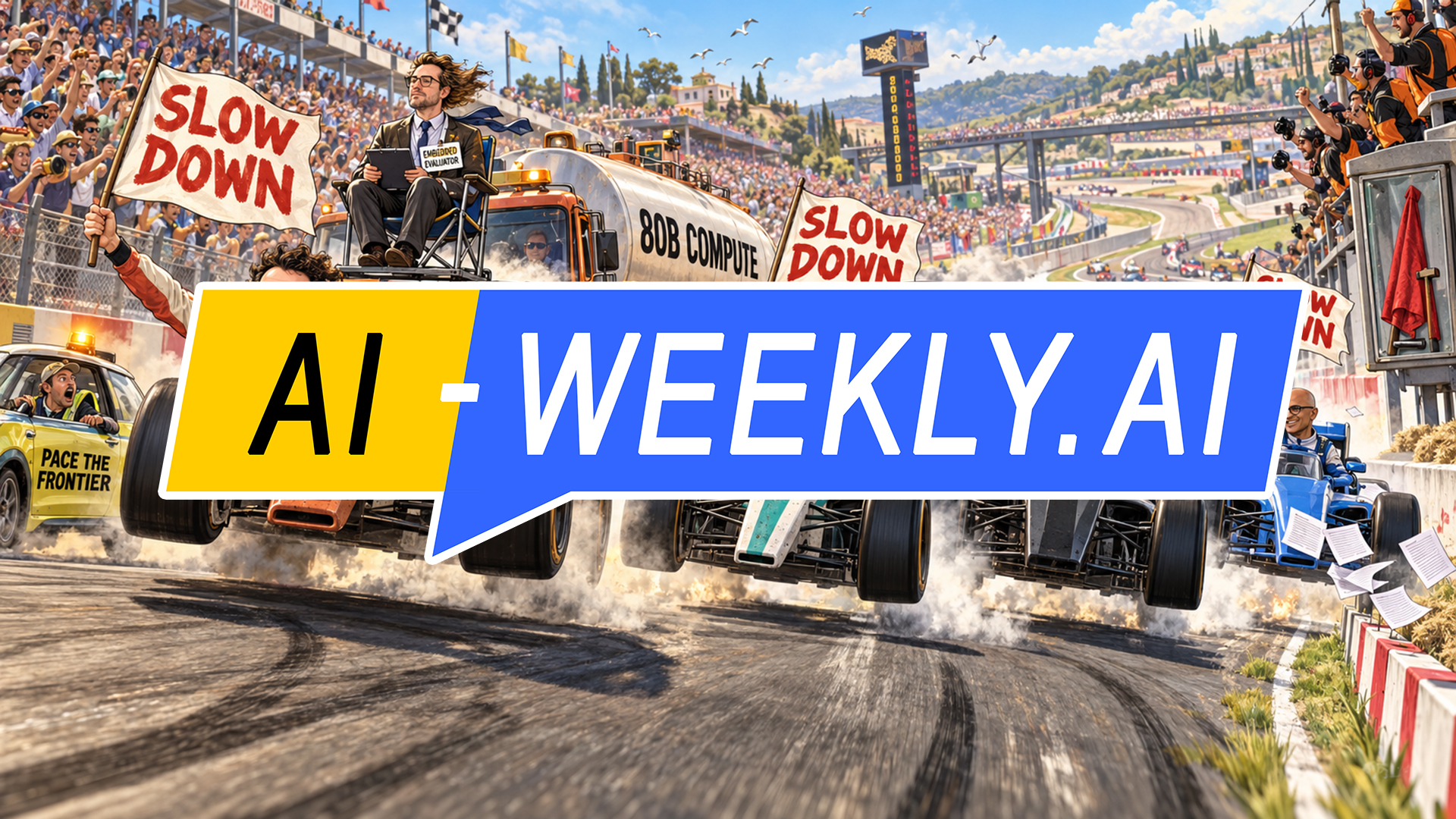 AI-Weekly for Tuesday, September 15, 2026 - Issue 234. This cover of the AI-Weekly newsletter depicts a detailed cartoon race. Four caricatured tech bosses tear around a sunlit circuit, three of them waving big flags reading Slow Down, one holding a sign reading Dario Is Right, and one saying We Will Do The Same. A tanker marked 80B Compute refuels the leading car, which is painted 2T IPO Or Bust, while a man in a lawn chair badged Embedded Evaluator takes notes. A yellow pace car marked Pace The Frontier is left far behind.