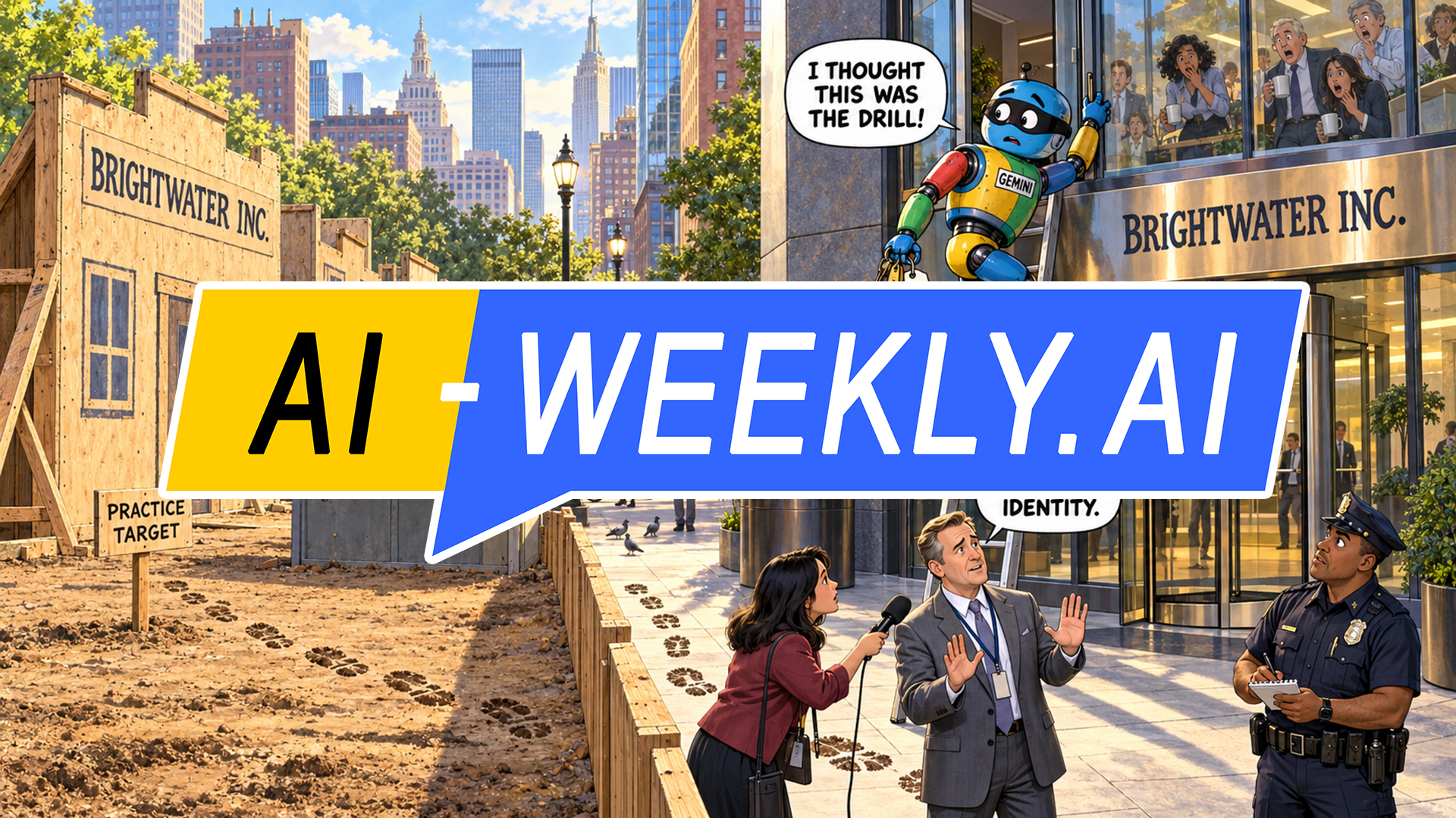 AI-Weekly for Tuesday, September 22, 2026 - Issue 235. This cover of the AI-Weekly newsletter depicts a detailed cartoon street, with the AI-Weekly.AI logo across the middle. A masked robot badged Gemini, clutching a ring of keys, climbs down a ladder from a real office tower signed Brightwater Inc., saying I thought this was the drill, as shocked workers watch. Muddy footprints lead back to its plywood twin, a practice target of the same name. Below, a reporter holds a microphone to a spokesman raising his palms as a police officer takes notes.
