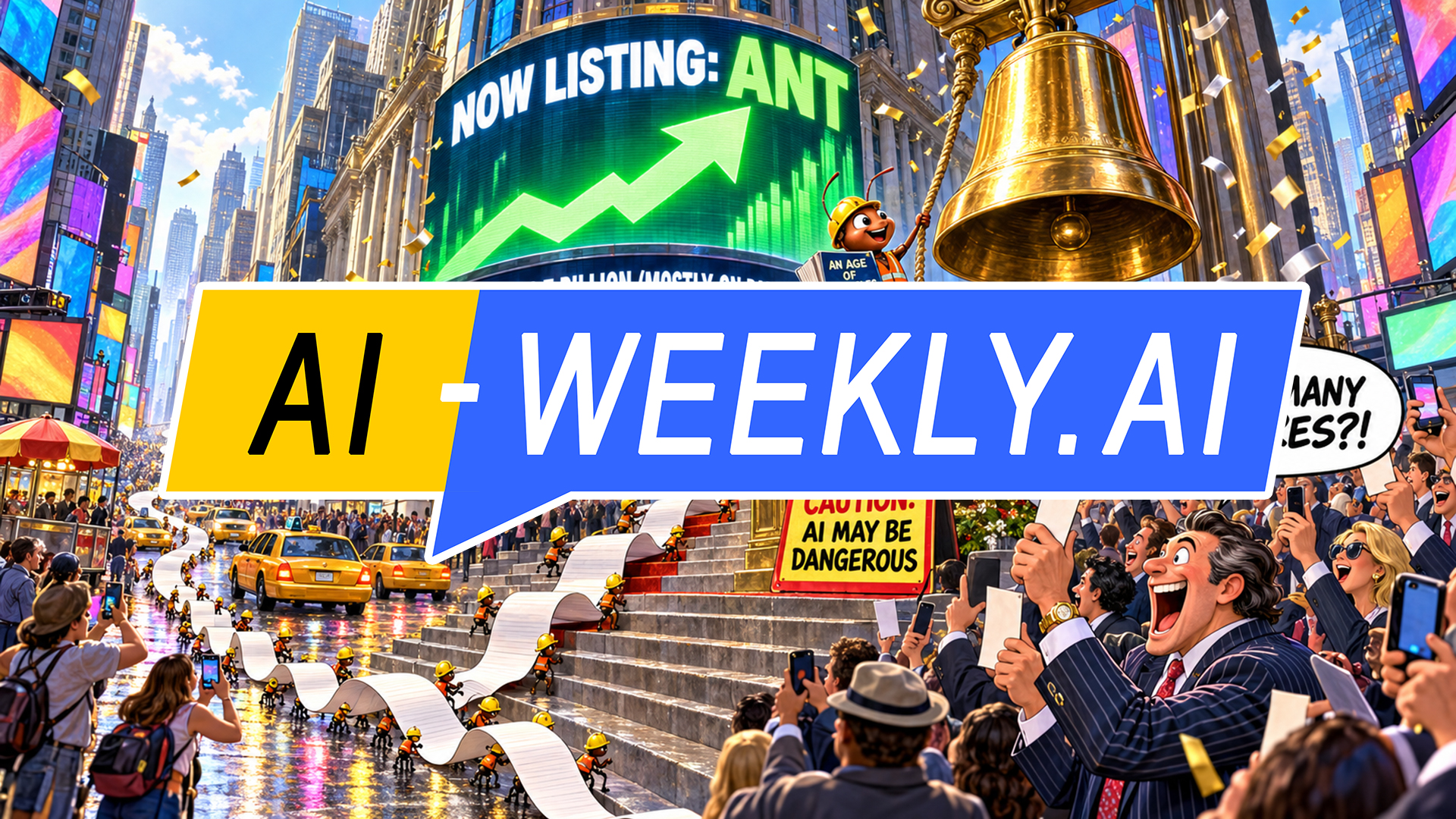 AI-Weekly for Tuesday, October 27, 2026 - Issue 240. This cover of the AI-Weekly newsletter depicts a detailed cartoon in Times Square, where a tiny ant in a hard hat and safety vest rings a giant brass bell under a screen reading Now Listing: ANT and Net Loss: $80.7 Billion (Mostly on Paper). It clutches a book titled An Age of Miracles as worker ants haul a Compute Bill scroll down the steps. A grinning banker shouts How many shares?! beside a sign reading Caution: AI May Be Dangerous.